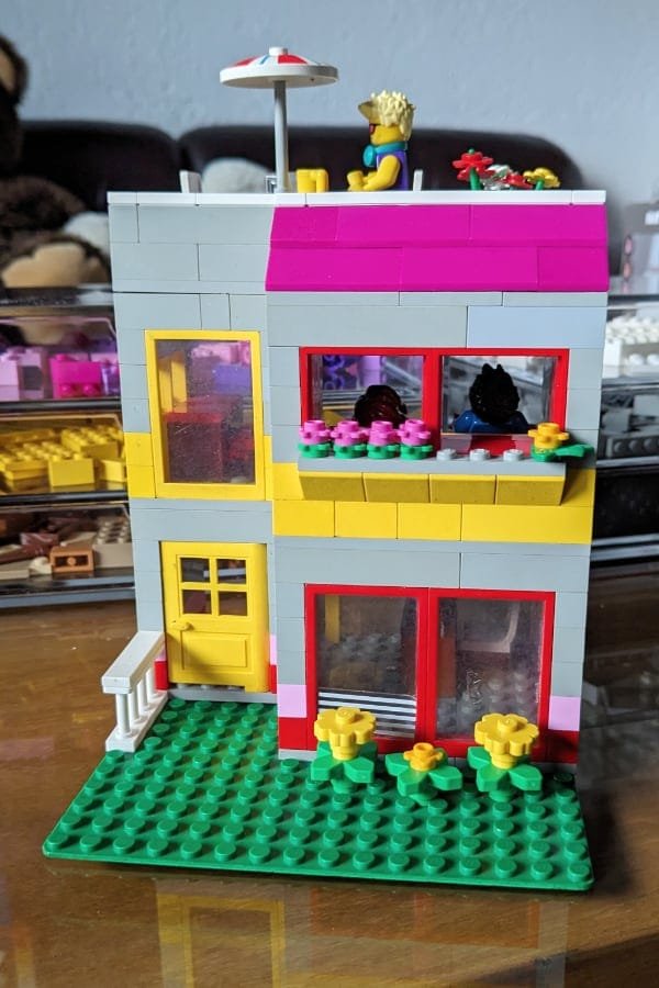 a photo showing the front view of the 2-story LEGO house I built for my child