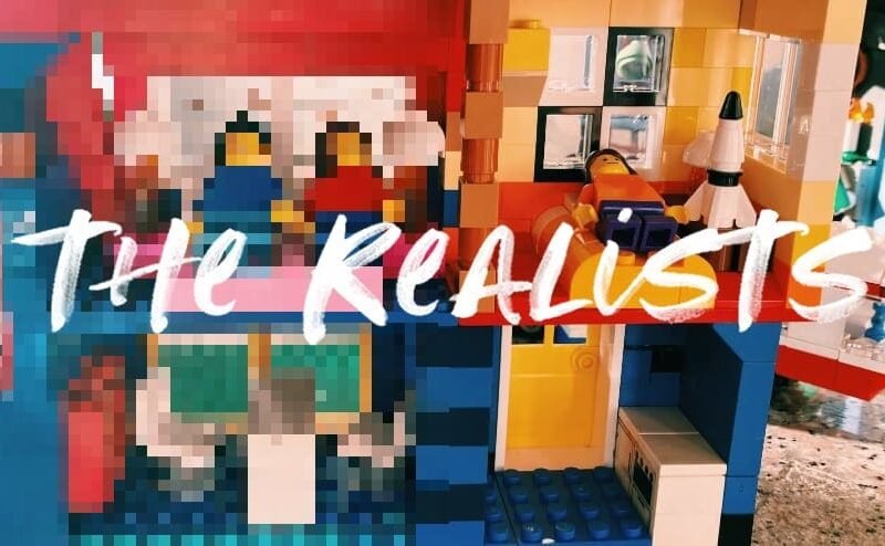 a photo of a LEGO house that is blurry on the left side, in focus on the right side, with the title on top THE REALISTS