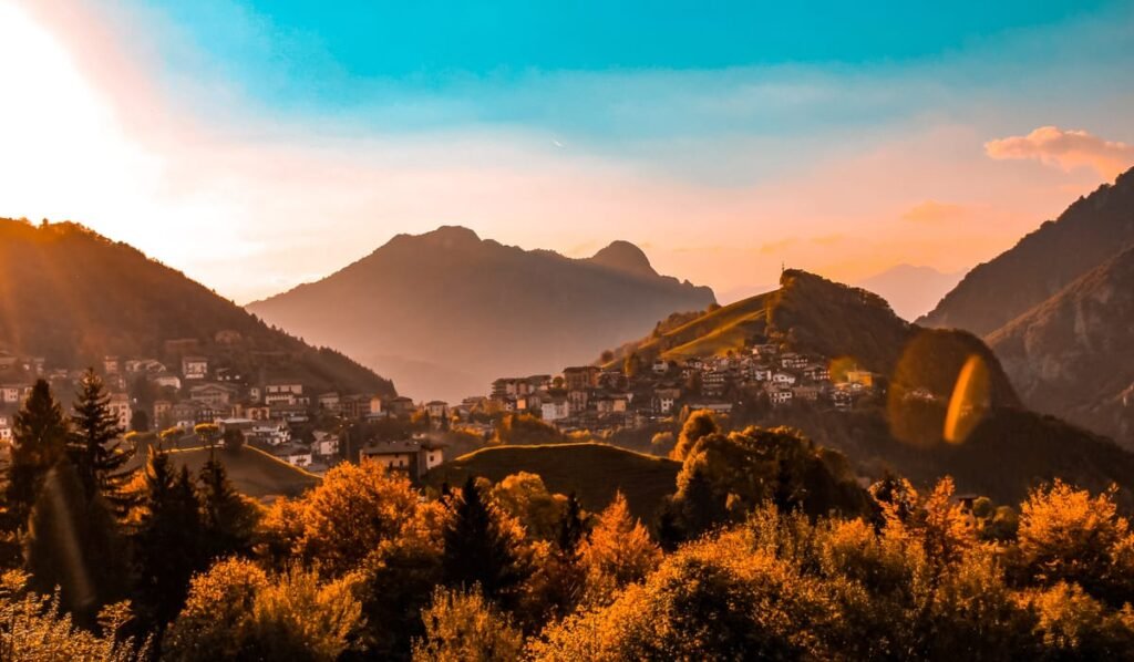 a photo of a Tuscan panorama at sunset