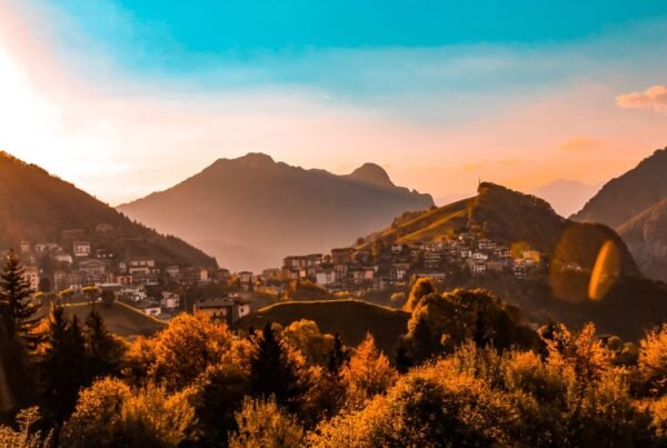 a photo of a Tuscan panorama at sunset
