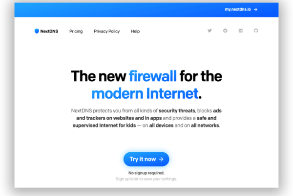 a screenshot of the homepage of NextDNS stating "the new firewall for the modern internet"