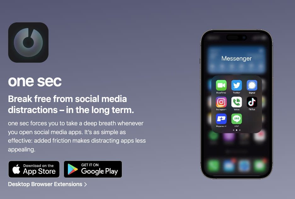 a promotional screenshot from the app one sec that says "break free from social media distractions in the long term" with the photo of a smartphone on the right