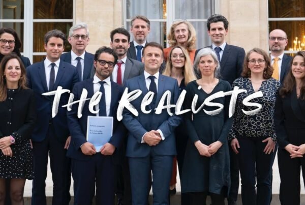 A photo showing French President Emmanuel Macron and his prime minister Gabriel Attal standing in front of the Elysée Palace with the task force that made a report about children and screen time
