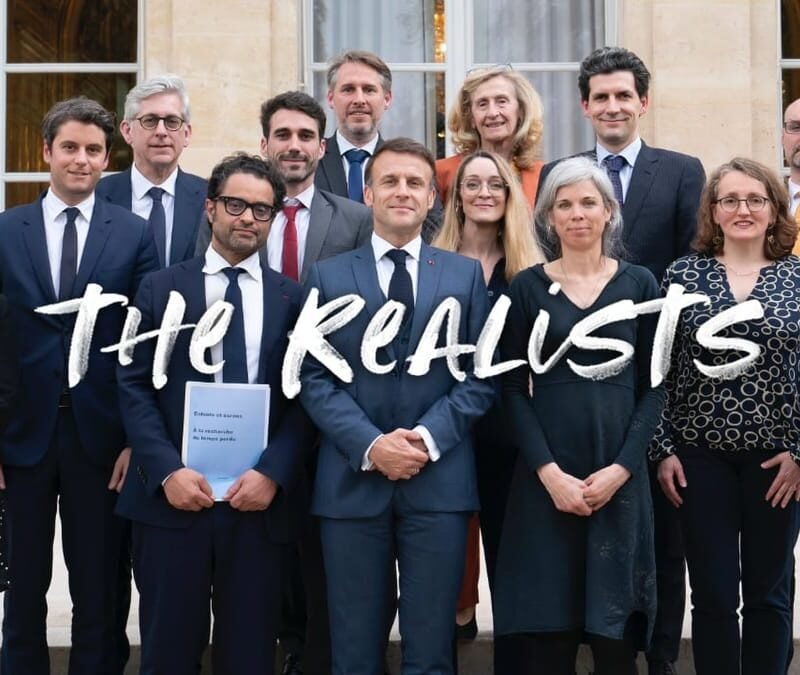 A photo showing French President Emmanuel Macron and his prime minister Gabriel Attal standing in front of the Elysée Palace with the task force that made a report about children and screen time