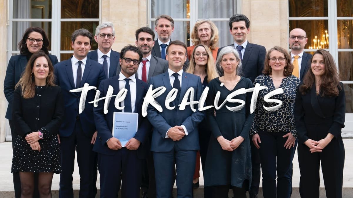 A photo showing French President Emmanuel Macron and his prime minister Gabriel Attal standing in front of the Elysée Palace with the task force that made a report about children and screen time