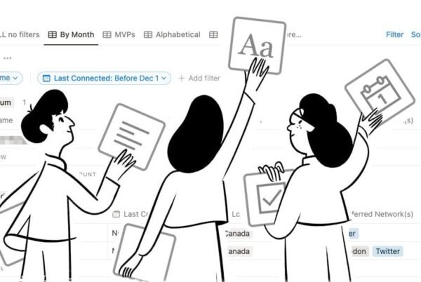 A montage showing drawings of Notion characters over my Notion "Keep in Touch" database