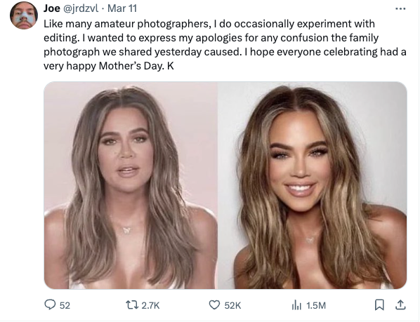 a toot poking fun at Khloe Kardashian and her tendency to retouch her own photos. A still from a video on the left and a hyper-perfected photo on the right