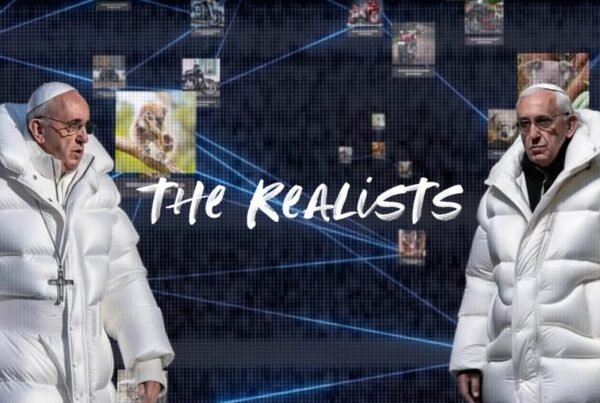a photo montage showing an AI generated image of Pope Francis wearing a white puffer jacket with the title The Realists on top