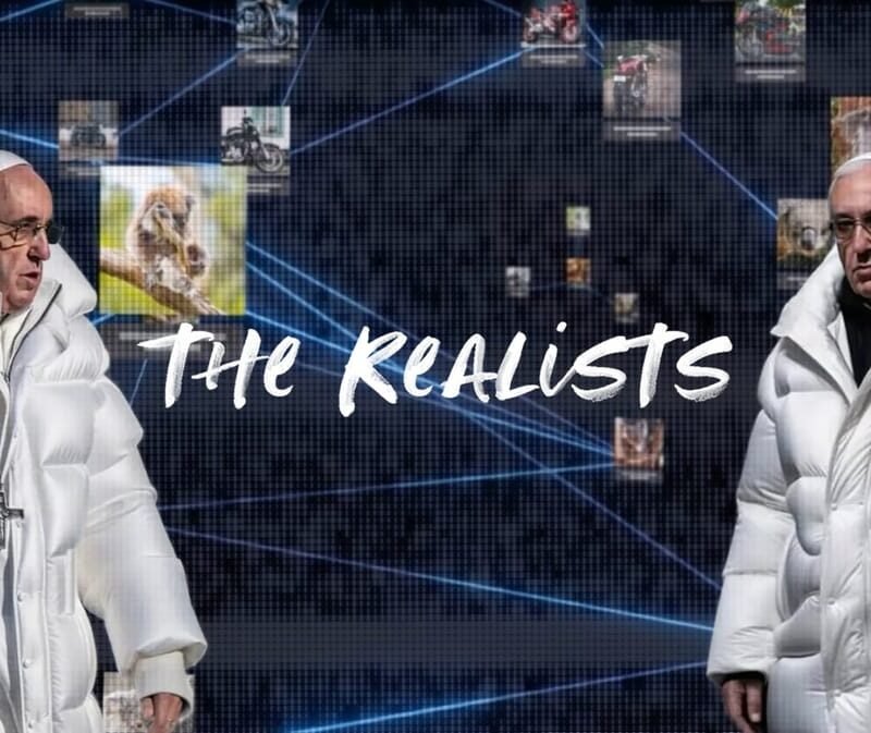 a photo montage showing an AI generated image of Pope Francis wearing a white puffer jacket with the title The Realists on top